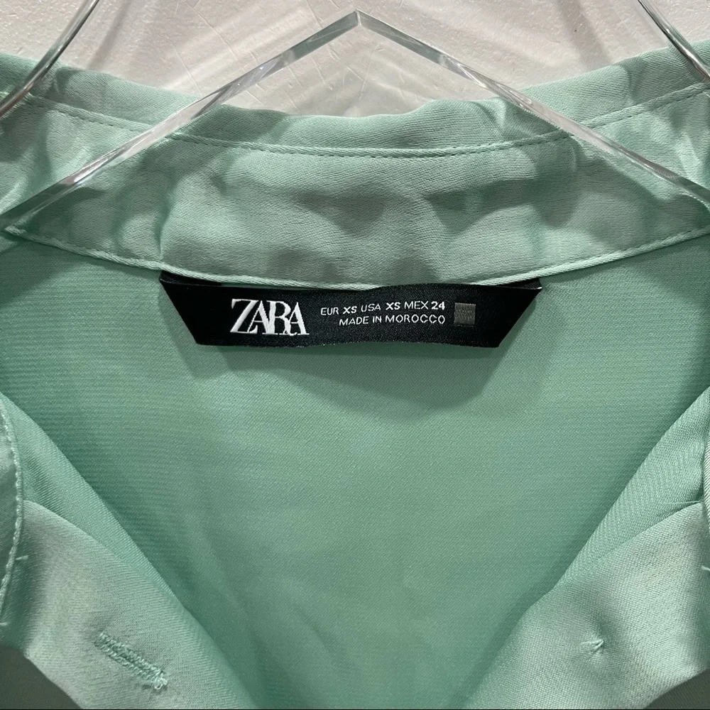 Zara Satin Effect Oversized Shirt Green Button Front XS